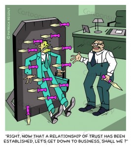 A businessman is testing his business partner's trust by throwing knives around him.